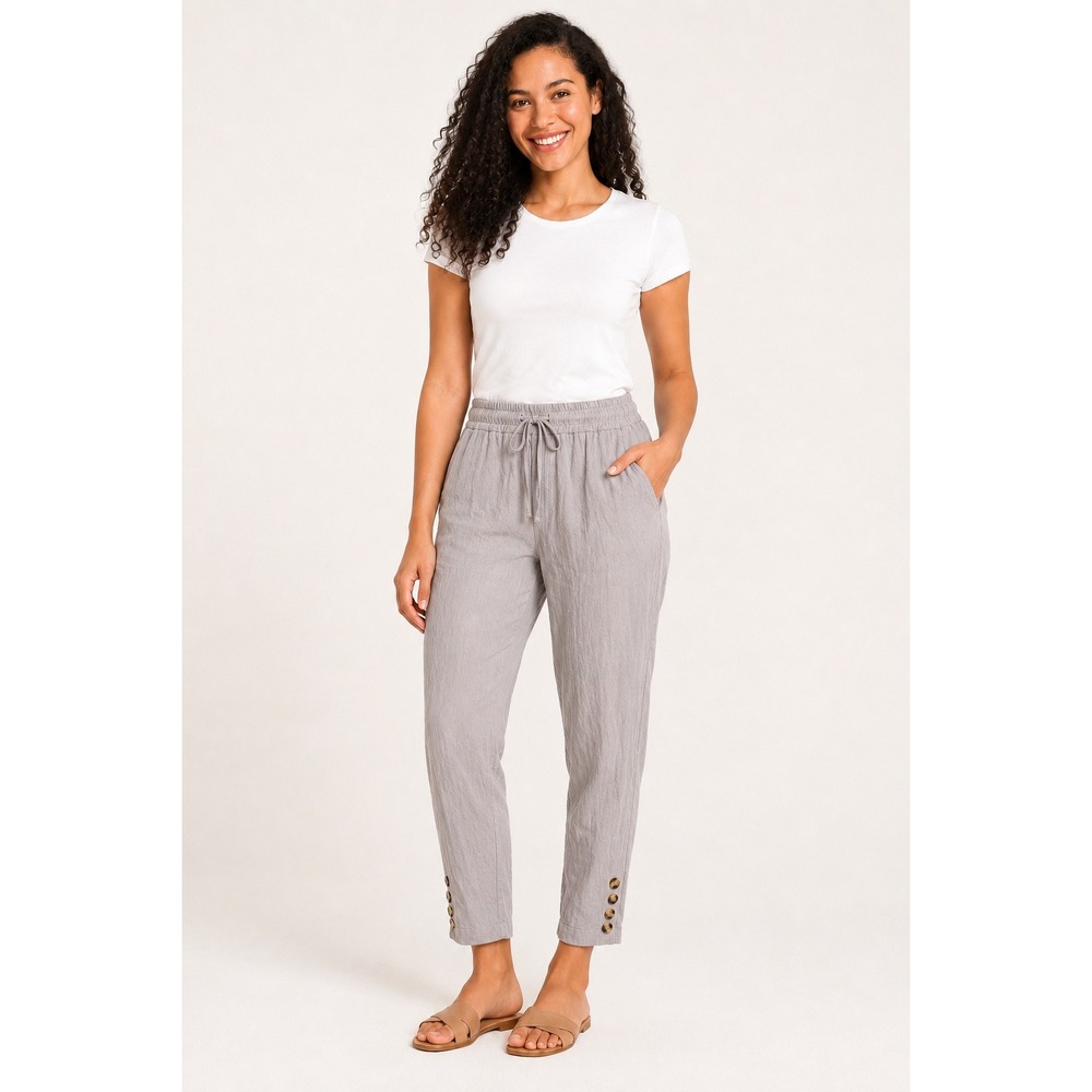 Linen Blend Drawstring Crop Pants Gray Button Hem Tapered Trousers Womens